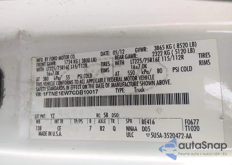 2012 Ford E-150 Commercial from USA, damaged, VIN 1FTNE1EW7CDB10017